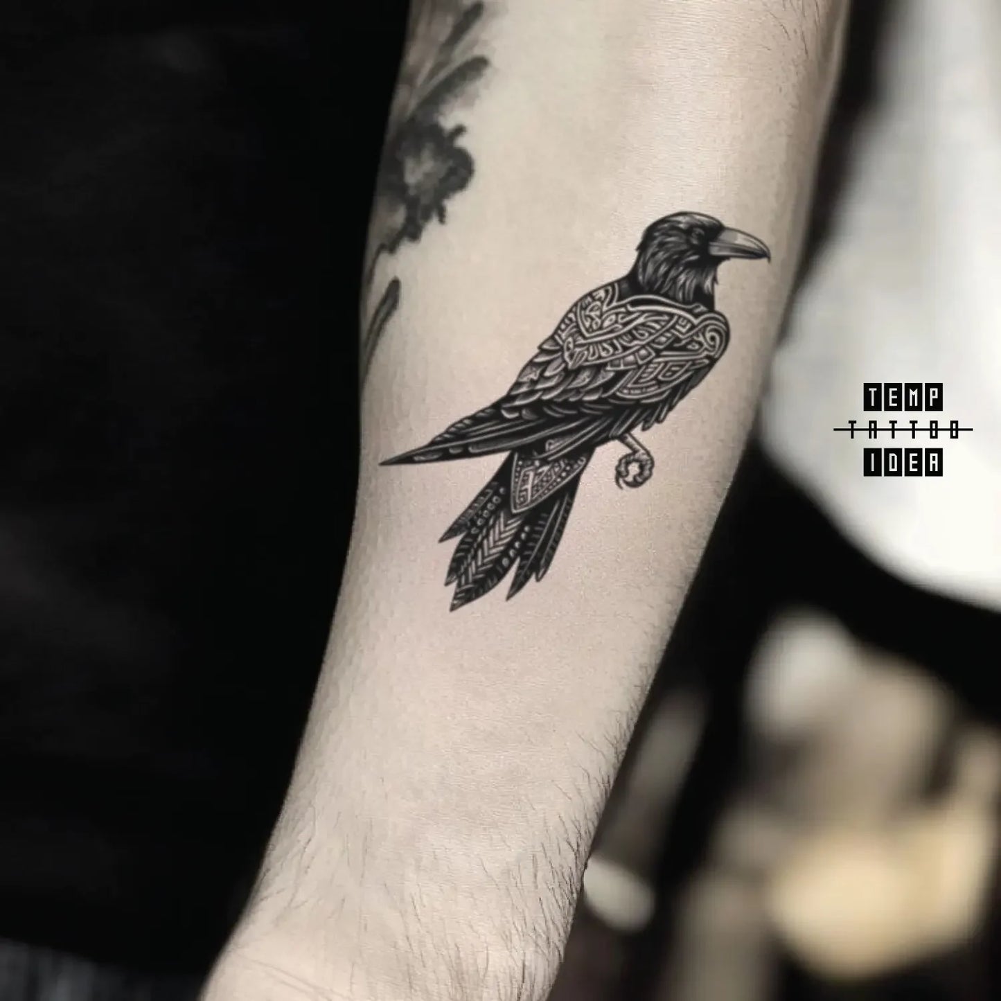 best cool simple small black white grey color celtic viking nordic viking raven animal symbol fake temporary tattoo sticker design idea for men and women on forearm