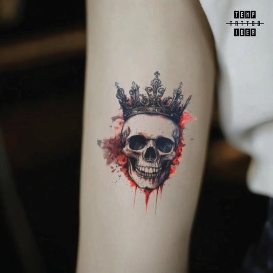 best cool simple small black white grey color brush skull crown skull symbol fake temporary tattoo sticker design idea for men and women on bicep