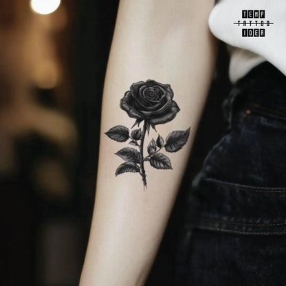 best cool simple small black white grey color blackwork simple realistic black rose flower symbol fake temporary tattoo sticker design idea for men and women on forearm