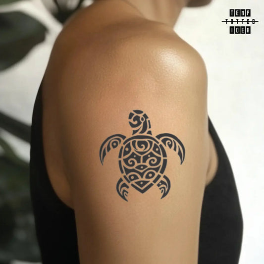 best cool simple small black white grey color maori tribal, polynesian simple tribal polynesian sea turtle animal symbol fake temporary tattoo sticker design idea for men and women on bicep