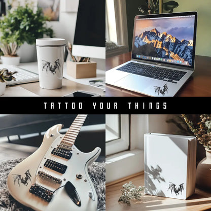 Simple Realistic Gothic Bat Tattoo Sticker on tumbler water bottle, Macbook laptop, electronic guitar, notebook