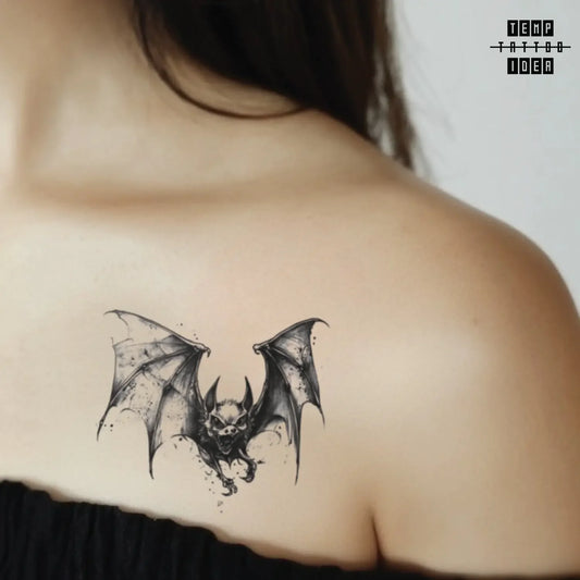 best cool simple small black white grey color vampire batman wings gothic simple realistic gothic bat animal symbol fake temporary tattoo sticker design idea for men and women on collarbone