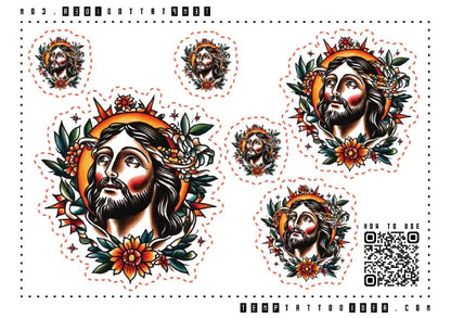 Traditional Jesus Portrait Multi-Size Temporary Tattoo Sticker