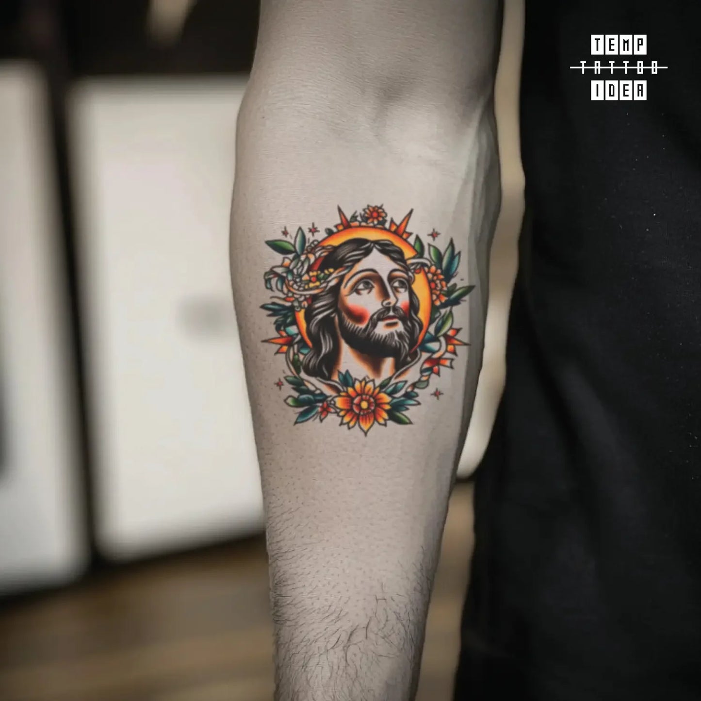 best cool simple small black white grey color christian god traditional traditional jesus portrait religious symbol fake temporary tattoo sticker design idea for men and women on forearm