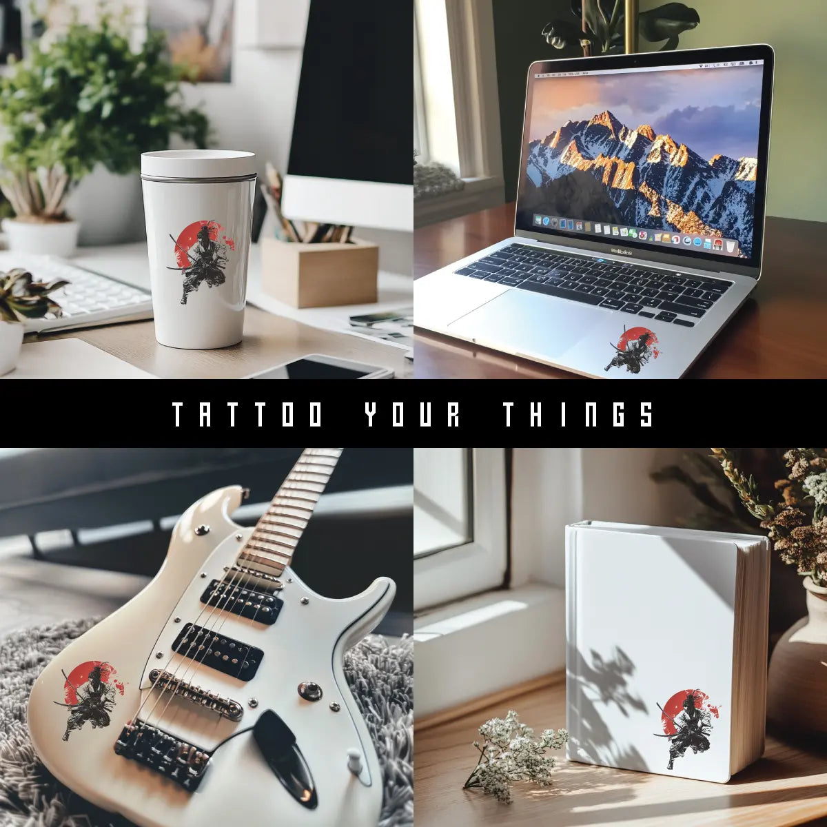 Japanese Samurai Tattoo Sticker on tumbler water bottle, Macbook laptop, electronic guitar, notebook