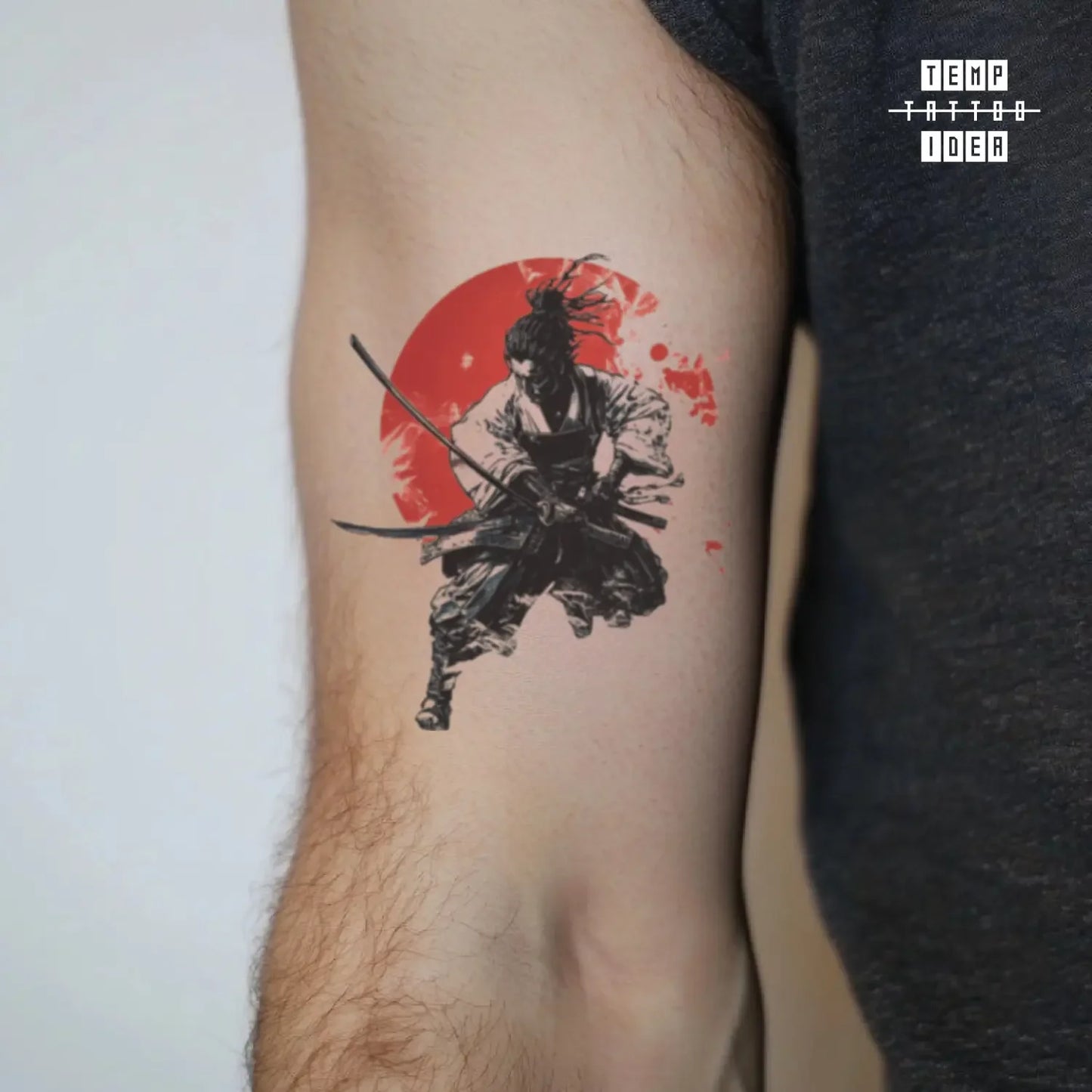 best cool simple small black white grey color japanese japanese samurai gang symbol fake temporary tattoo sticker design idea for men and women on bicep