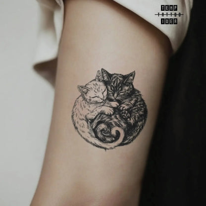 best cool simple small black white grey color matching black and white illustrative yin yang cats couples animal symbol fake temporary tattoo sticker design idea for men and women on bicep