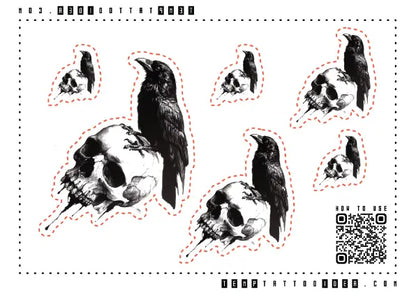 Gothic Crow On Skull Multi-Size Temporary Tattoo Sticker