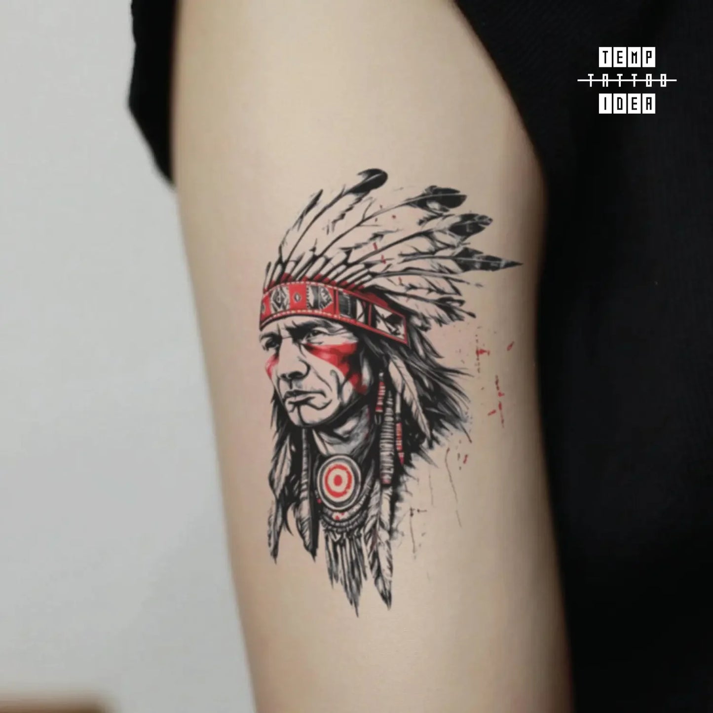 best cool simple small black white grey color realism native american portrait portrait symbol fake temporary tattoo sticker design idea for men and women on bicep