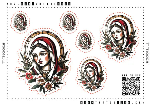 Simple Traditional Virgin Mary Multi-Size Temporary Tattoo Sticker