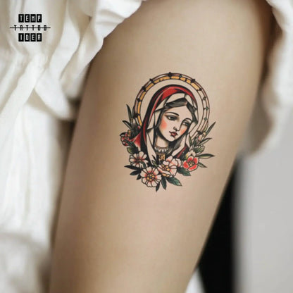 best cool simple small black white grey color traditional simple traditional virgin mary religious symbol fake temporary tattoo sticker design idea for men and women on bicep