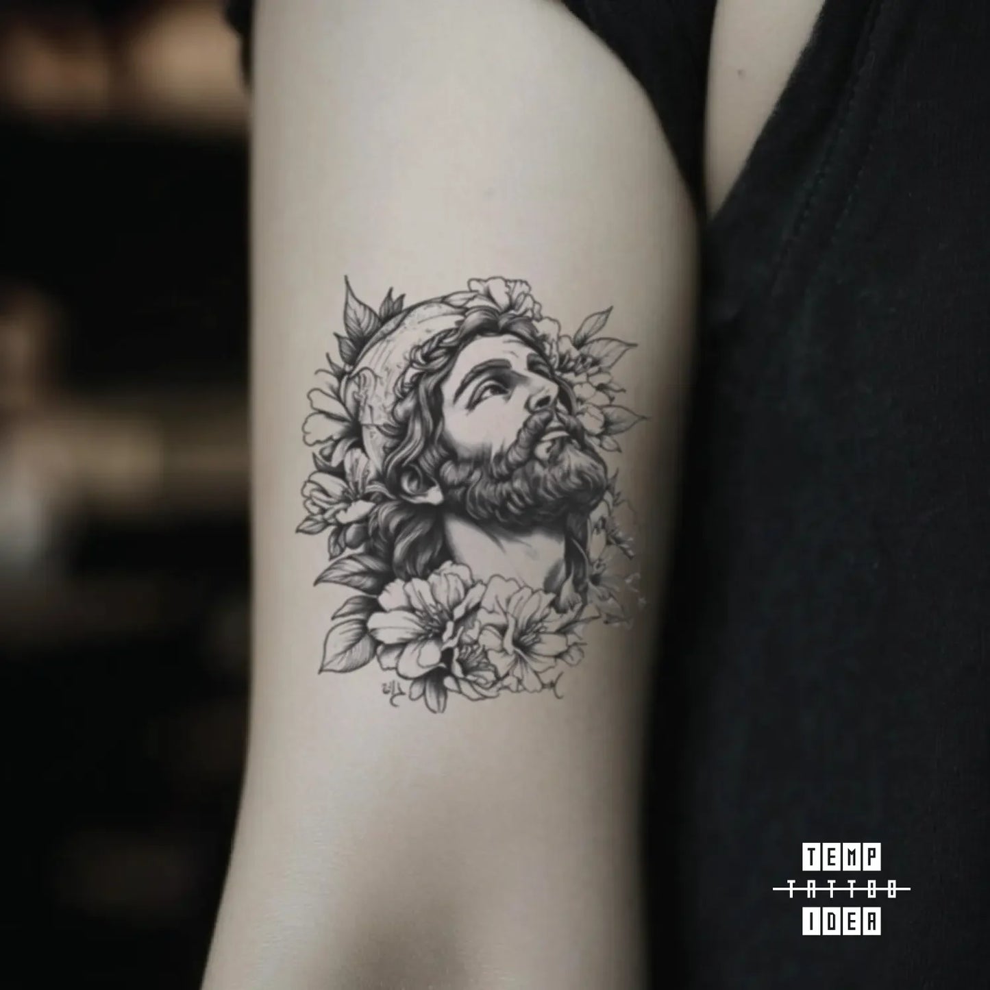 best cool simple small black white grey color jesus realism small san judas religious symbol fake temporary tattoo sticker design idea for men and women on bicep