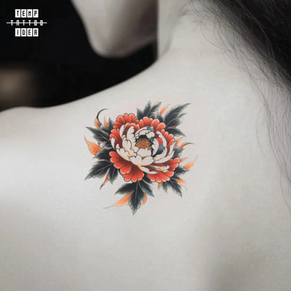 best cool simple small black white grey color orange japanese japanese peony flower flower symbol fake temporary tattoo sticker design idea for men and women on shoulder