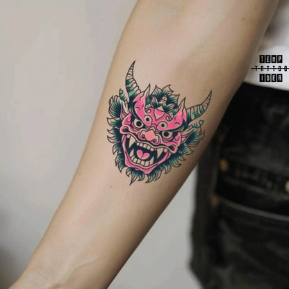 best cool simple small black white grey color pink green japanese japanese demon mythological symbol fake temporary tattoo sticker design idea for men and women on forearm