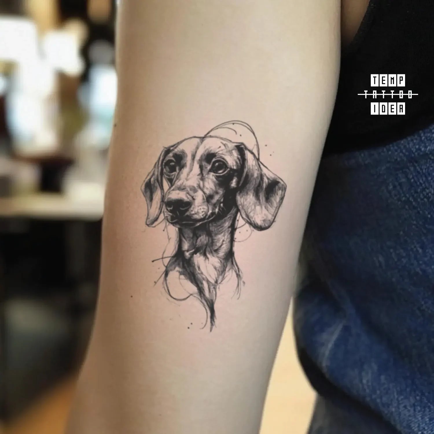 best cool simple small black white grey color memorial sketch sketchy dachshund dog portrait animal symbol fake temporary tattoo sticker design idea for men and women on bicep