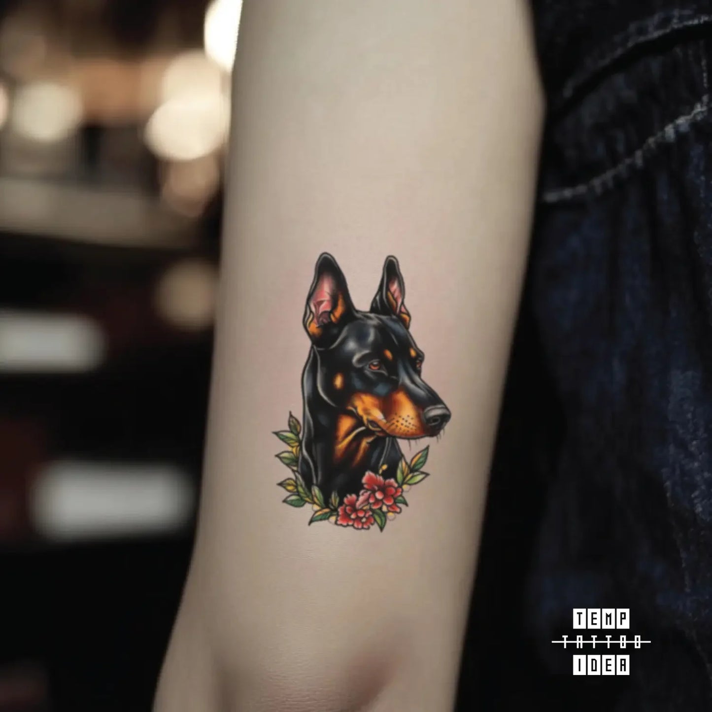 best cool simple small black white grey color puppy memorial portrait traditional traditional doberman pinscher dog animal symbol fake temporary tattoo sticker design idea for men and women on bicep