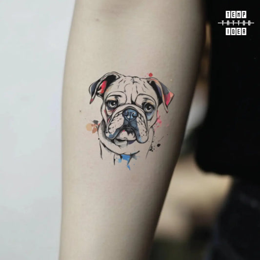 best cool simple small black white grey color puppy memorial portrait watercolor watercolor bulldog animal symbol fake temporary tattoo sticker design idea for men and women on forearm