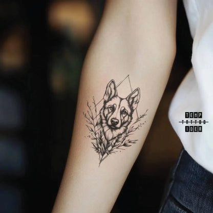 best cool simple small black white grey color puppy memorial portrait geometric geometric german shepherd dog outline animal symbol fake temporary tattoo sticker design idea for men and women on forearm