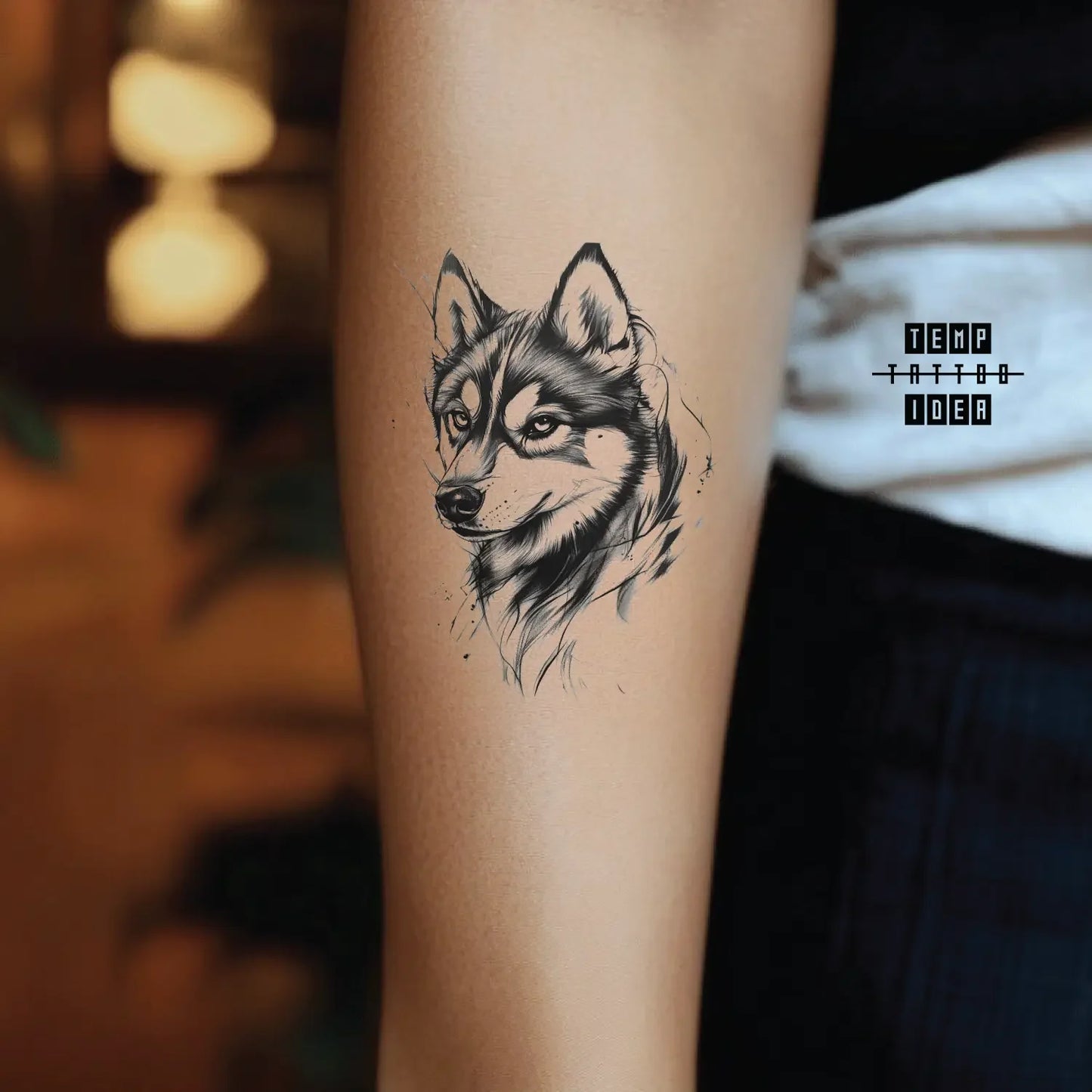 best cool simple small black white grey color puppy memorial portrait sketch siberian husky dog animal symbol fake temporary tattoo sticker design idea for men and women on forearm