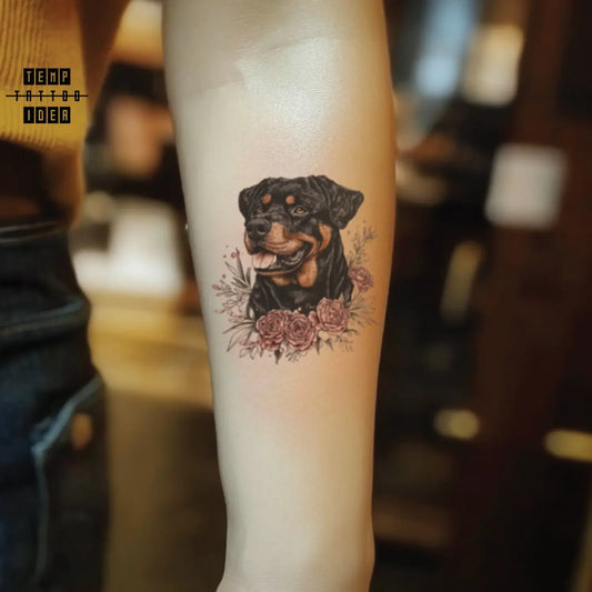 best cool simple small black white grey color puppy memorial portrait realism realistic rottweiler dog portrait with rose flowers animal symbol fake temporary tattoo sticker design idea for men and women on forearm