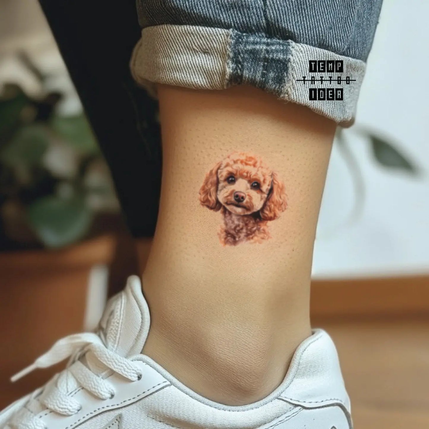 best cool simple small black white grey color puppy memorial portrait realism cute toy poodle dog animal symbol fake temporary tattoo sticker design idea for men and women on ankle