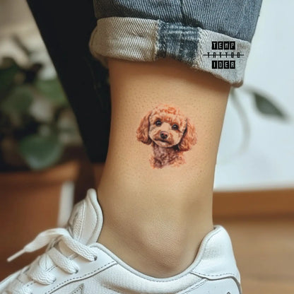 best cool simple small black white grey color puppy memorial portrait realism cute toy poodle dog animal symbol fake temporary tattoo sticker design idea for men and women on ankle