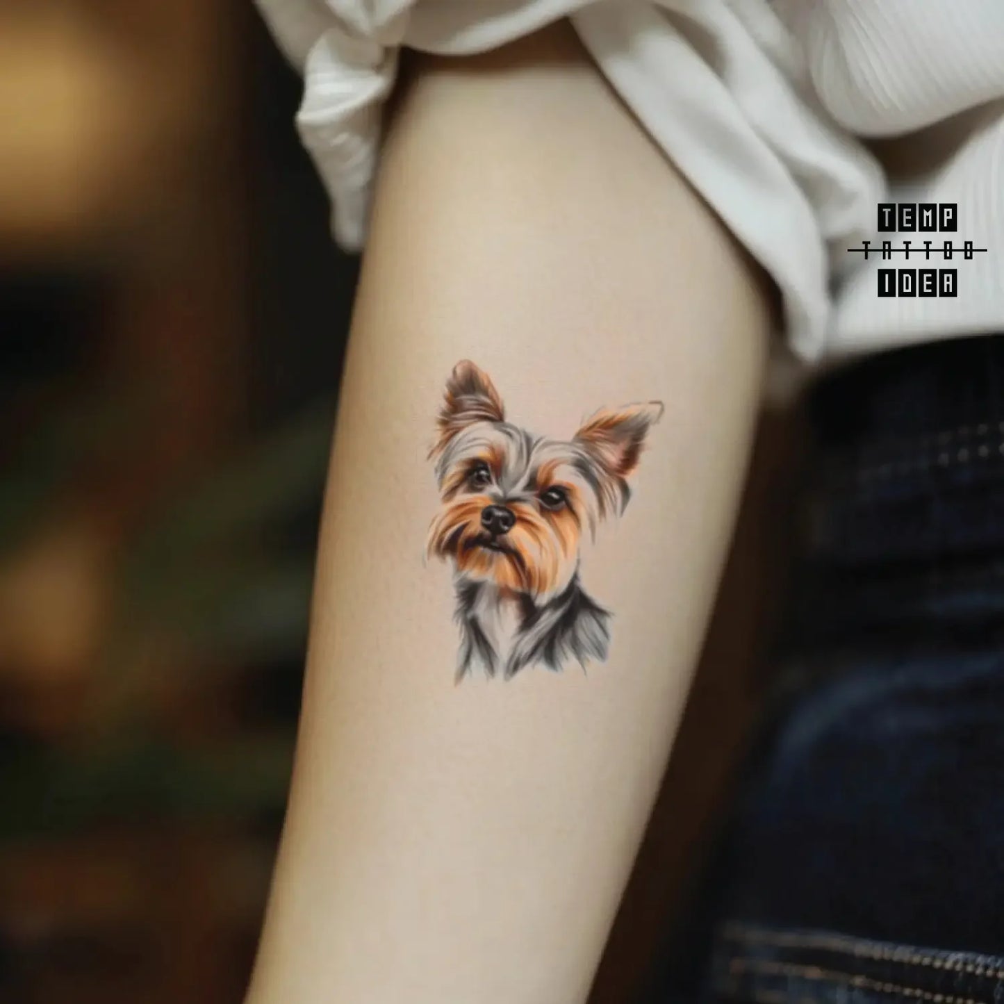 best cool simple small black white grey color yorkie puppy memorial portrait realism yorkshire terrier dog animal symbol fake temporary tattoo sticker design idea for men and women on forearm