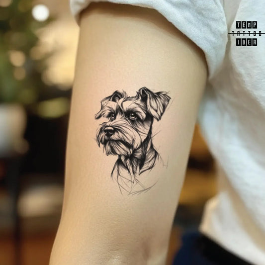 best cool simple small black white grey color puppy memorial portrait sketch schnauzer dog sketchy animal symbol fake temporary tattoo sticker design idea for men and women on bicep