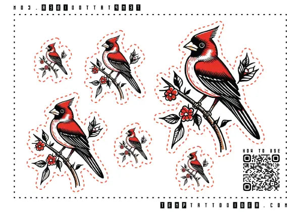 Traditional Red Cardinal Bird Multi-Size Temporary Tattoo Sticker