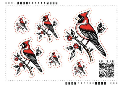 Traditional Red Cardinal Bird Multi-Size Temporary Tattoo Sticker