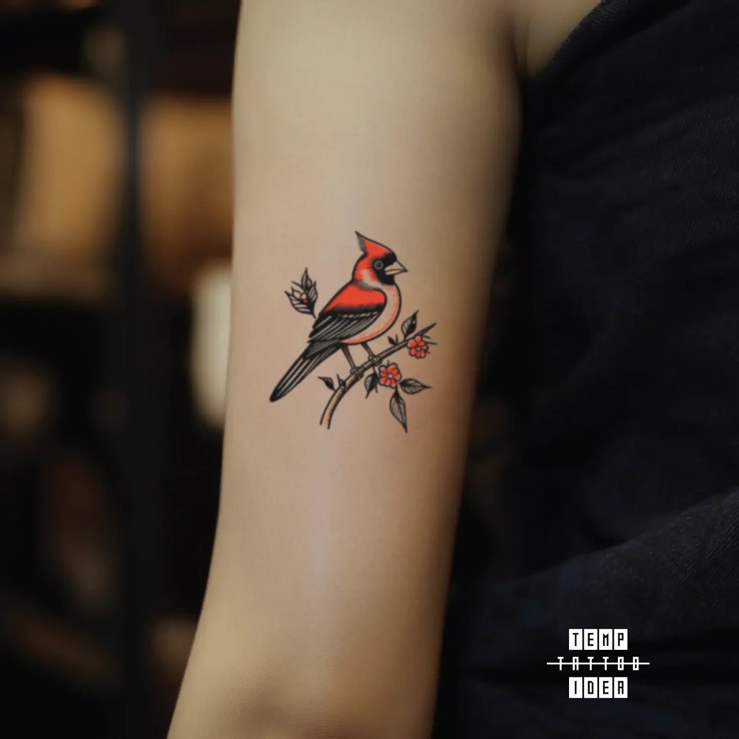 best cool simple small black white grey color red color traditional red cardinal bird animal symbol fake temporary tattoo sticker design idea for men and women on bicep