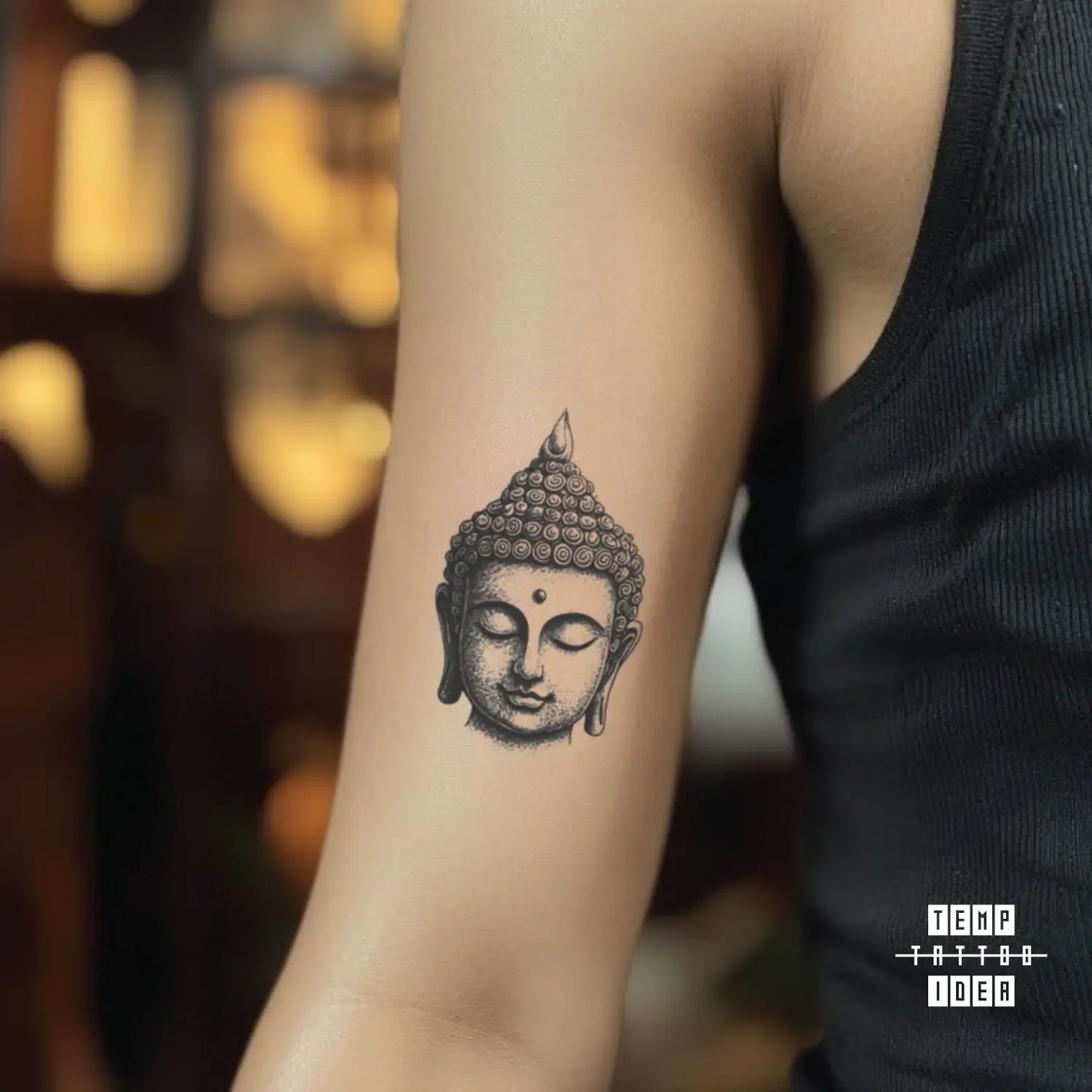 best cool simple small black white grey color head portrait chinese sketch simple buddha religious symbol fake temporary tattoo sticker design idea for men and women on bicep