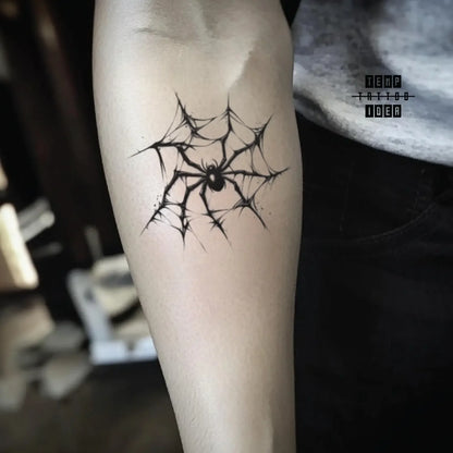 best cool simple small black white grey color fine line simple spider web insect symbol fake temporary tattoo sticker design idea for men and women on forearm