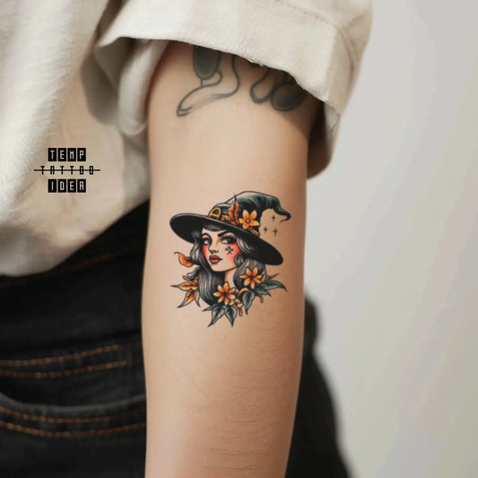 best cool simple small black white grey color pin up traditional vintage witch mythological symbol fake temporary tattoo sticker design idea for men and women on forearm