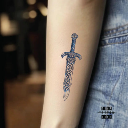 best cool simple small black white grey color nordic celtic viking blue viking sword gang symbol fake temporary tattoo sticker design idea for men and women on forearm