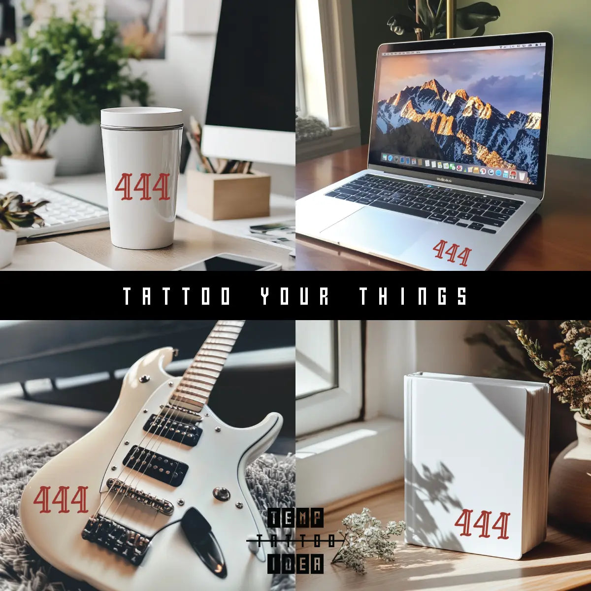 Red 444 Tattoo Vinyl Sticker on tumbler water bottle, Macbook laptop, electronic guitar, notebook