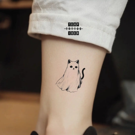 best cool simple small black white grey color cute spooky outline outline simple ghost cat animal symbol fake temporary tattoo sticker design idea for men and women on ankle