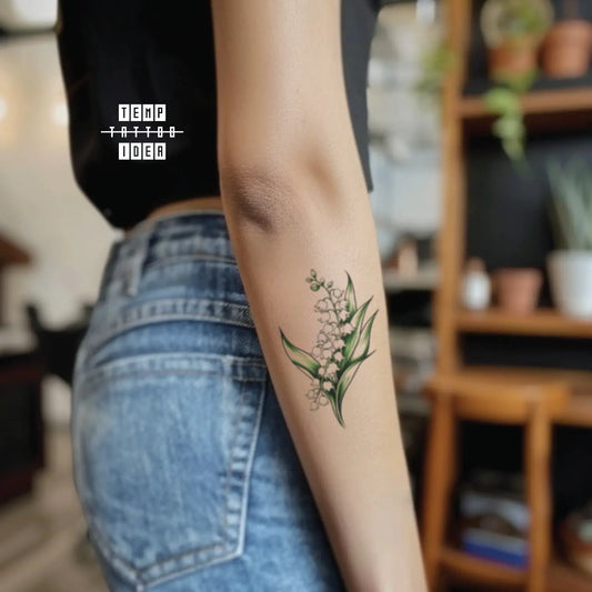 best cool simple small black white grey color green color minimalist lily of the valley flower flower symbol fake temporary tattoo sticker design idea for men and women on forearm