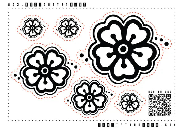 Black Flower Pattern Outline Multi-Size Temporary Tattoo Sticker