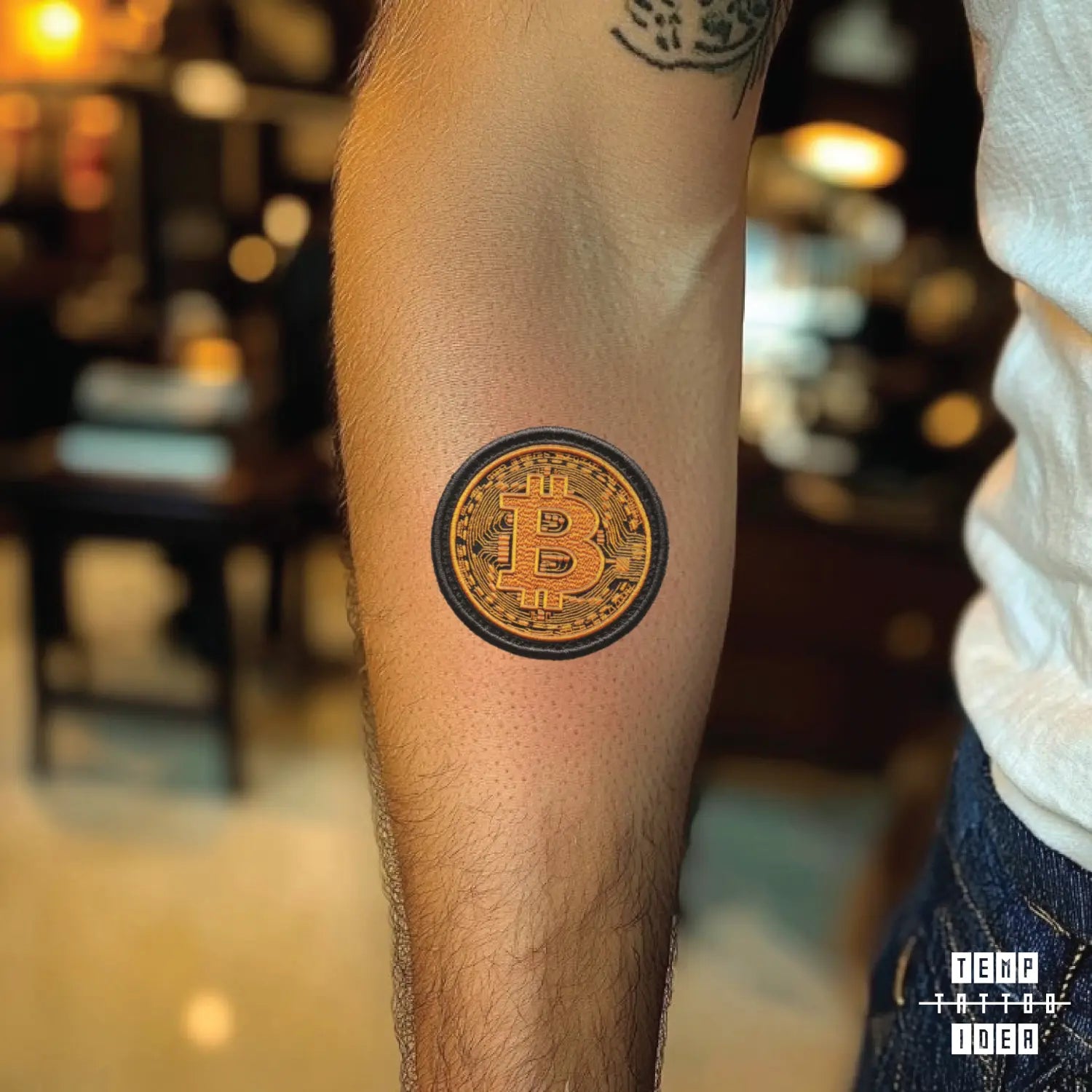 Bitcoin Symbol in Patchwork Forearm Temporary Tattoo Sticker Idea Design