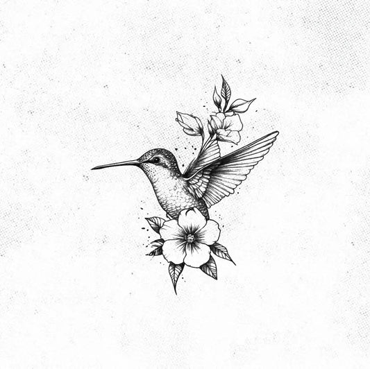 Flower Hummingbird Black and White Tattoo Idea Design Digital Artwork Vector File