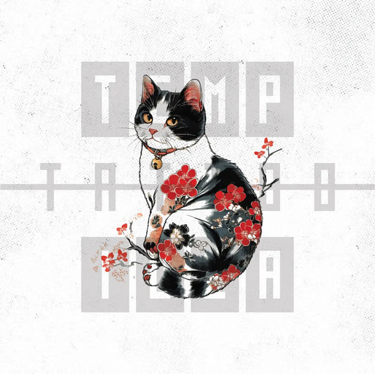 japanese cat memorial red sakura cherry blossom flower tattoo idea design drawing flash digital artwork vector file