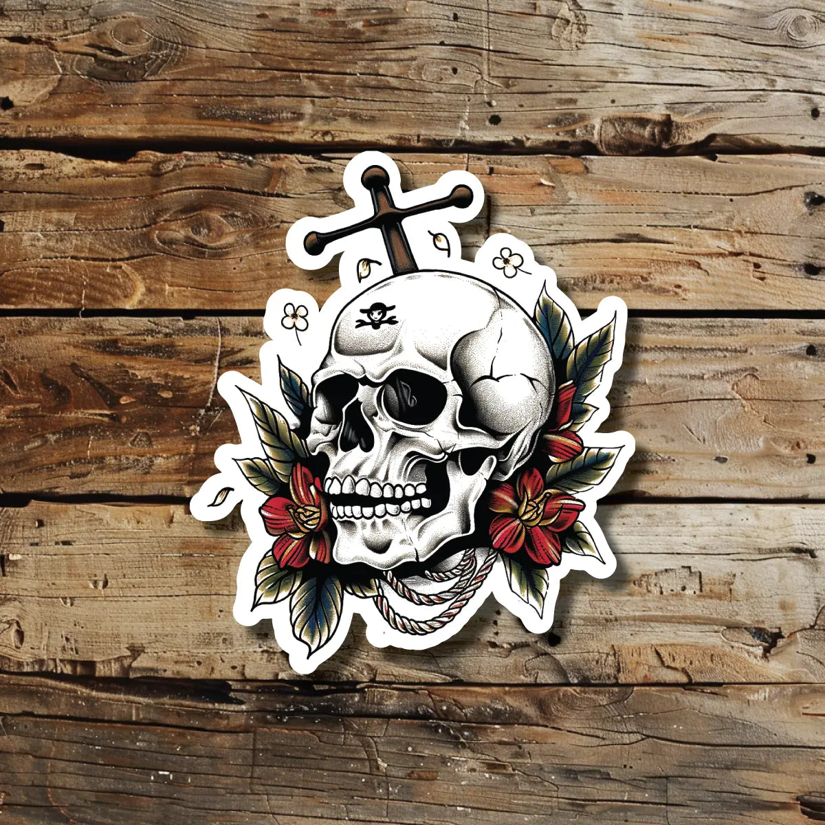 Traditional Skull Floral Tattoo Idea Design Sticker