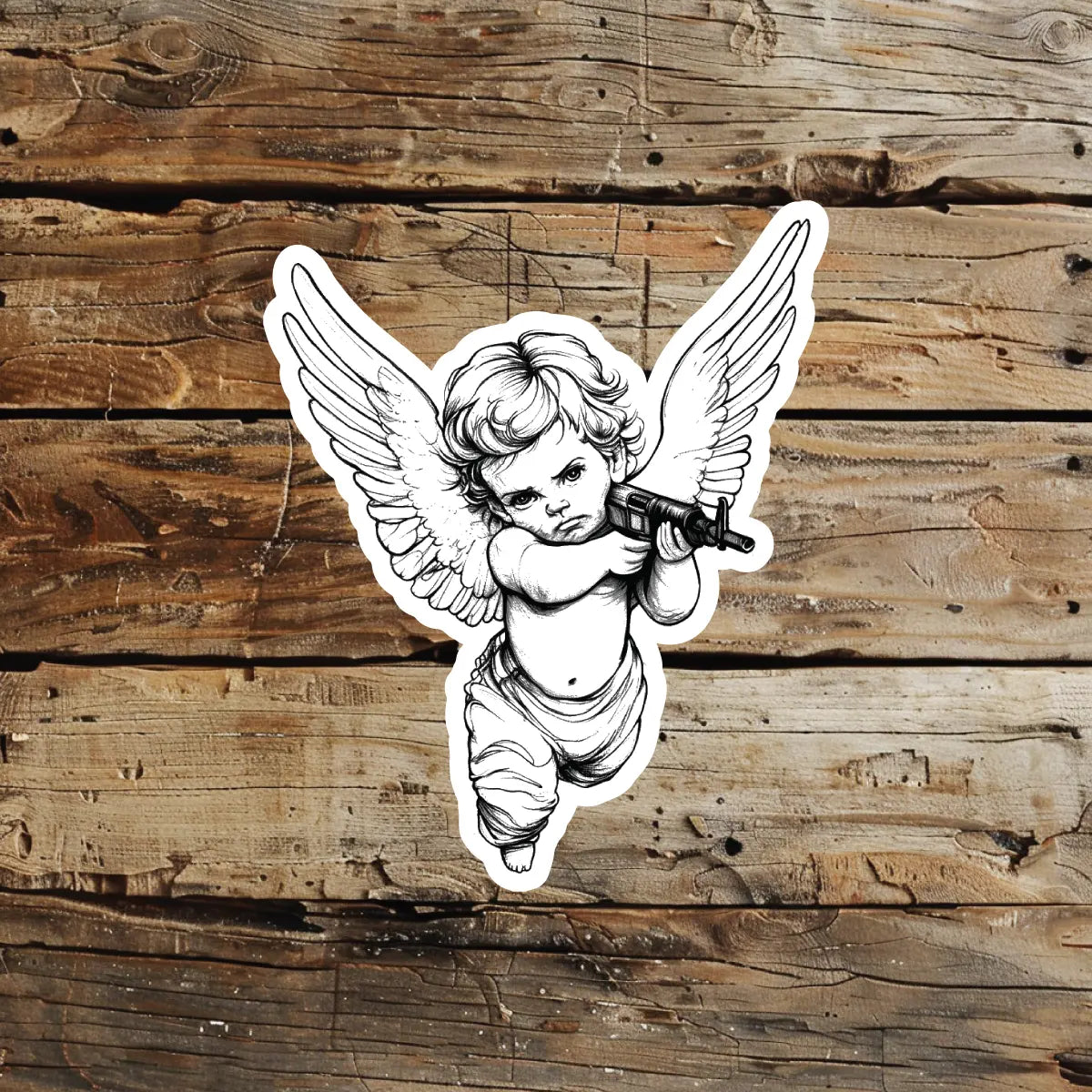 best cool simple small black white grey color Outline, Illustrative Cherub Angel Baby with AK47 Gun Religious fake temporary tattoo sticker design idea for men and women