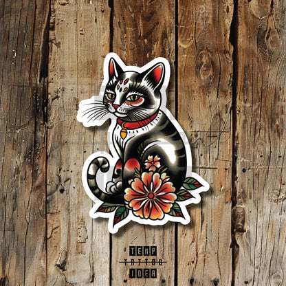 American Traditional Black Cat Multi-Size Temporary Tattoo Idea Design Vinyl Sticker