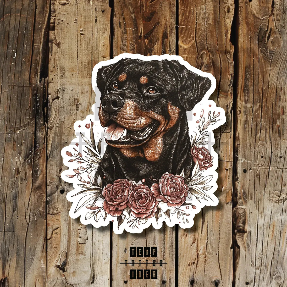 realistic rottweiler dog portrait with rose flowers puppy memorial portrait tattoo idea design drawing flash vinyl sticker