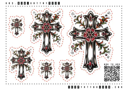 Traditional Gothic Cross Multi-Size Temporary Tattoo Sticker