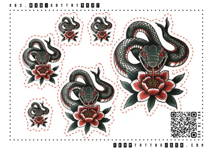 Traditional Japanese Snake Flower Multi-Size Temporary Tattoo Sticker