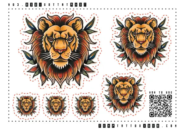 Traditional Lion Multi-Size Temporary Tattoo Sticker