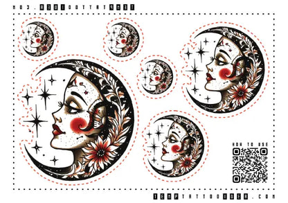 Traditional Moon Multi-Size Temporary Tattoo Sticker